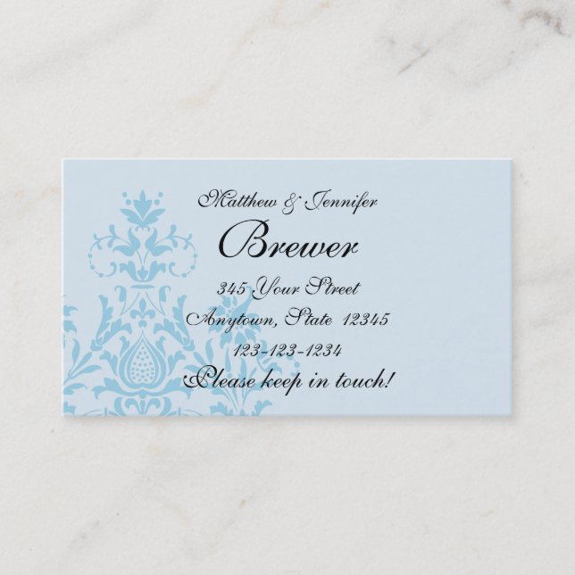 Carte D'appel Blue Damask Bride & Groom Coordonnées (Devant)
