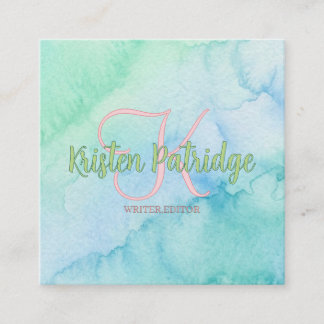 Carte D'appel blue green watercolor editor writer name monogram 