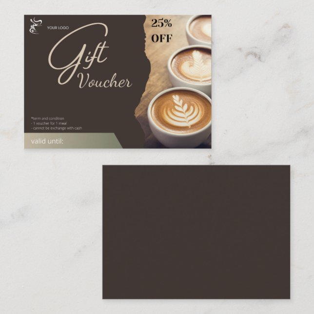 Carte D'appel Bon cadeau 25% de réduction pour les cafés (Devant / Derrière)