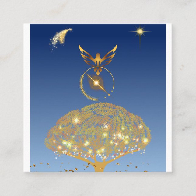 Carte D'appel Ciel bleu : étoiles, oiseau et arbre doré (Devant)