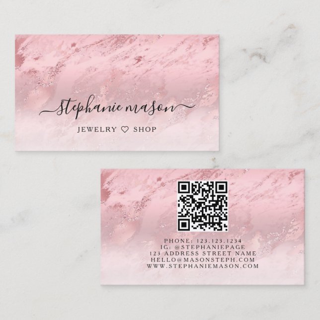 Carte D'appel Code QR moderne rose or rose huile élégant (Devant / Derrière)