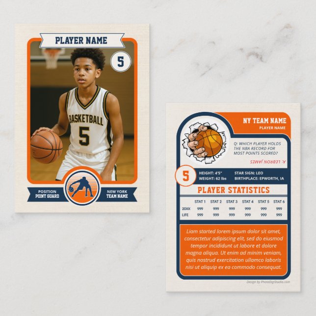 Carte D'appel Custom Basketball Trading Card, Retro Player Card (Devant / Derrière)