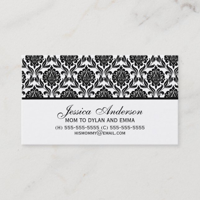 Carte D'appel Élégant motif noir et blanc Damas (Devant)