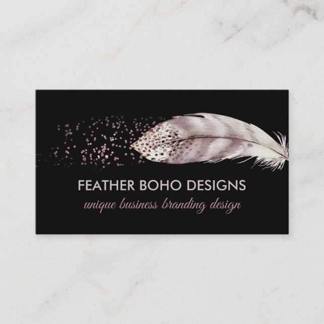 Carte D'appel Fille Boho Noir Plumes d'oiseaux roses (Devant)