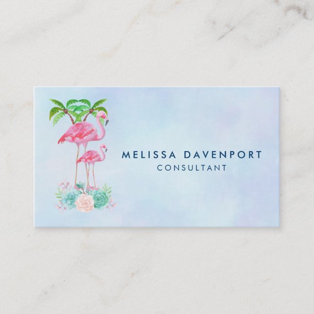 Carte D'appel Flamant rose rose Momma & bébé avec palmiers (Devant)