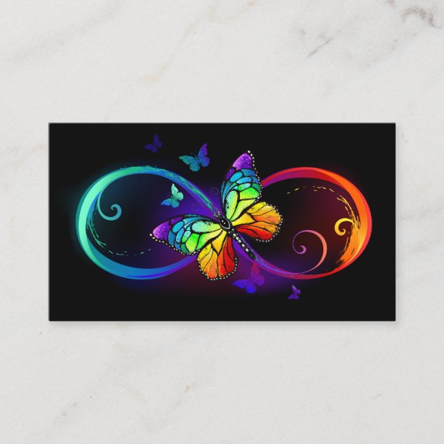 Carte D'appel Infini vibrant avec papillon arc-en-ciel sur noir (Devant)