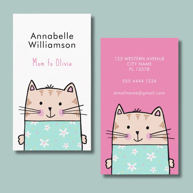 Carte d'appel maman chat mignonne (Cute cat mommy calling card. Perfect for parent networking and play dates.)