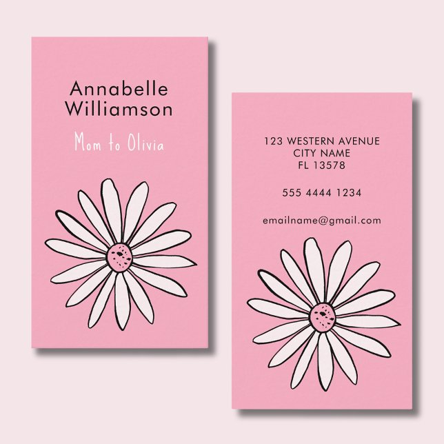 Carte d'appel Pink Daisy maman (Mommy calling card with cute daisy & pink background. Perfect for playdates & parent networking.)