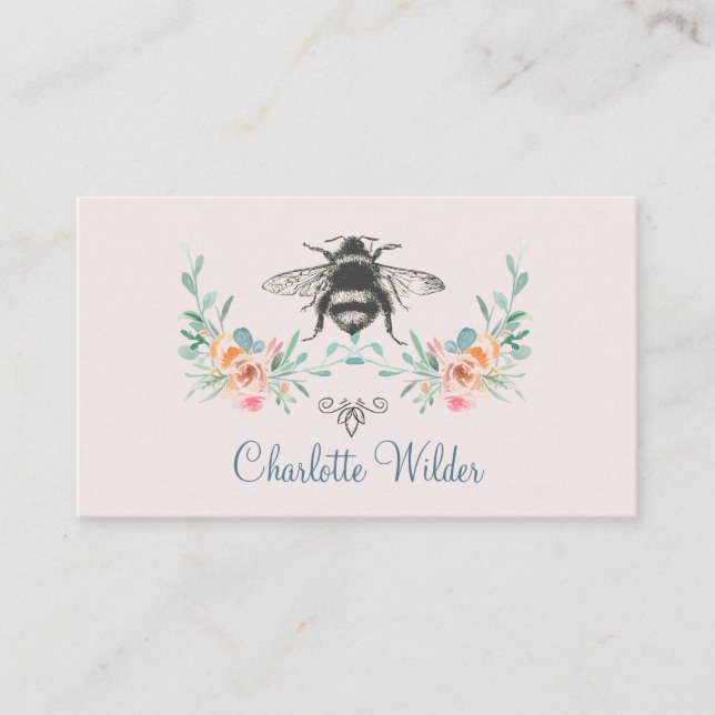 Carte D'appel Signature Script Custom Bee Floral Dusty Rose (Devant)