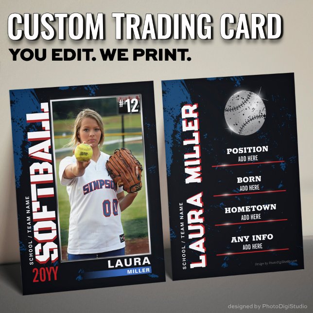 Carte D'appel Softball Trading Card Classic Baseball (Custom Softball Trading Card, USA Blue Red Player Card)