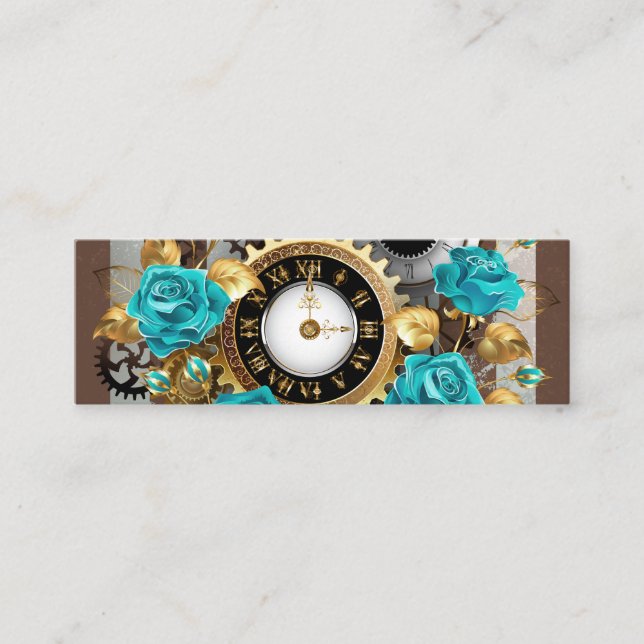 Carte D'appel Steampunk Clock and Turquoise Roses on Striped (Devant)