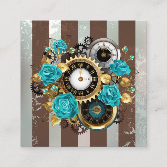 Carte D'appel Steampunk Clock and Turquoise Roses on Striped (Devant)