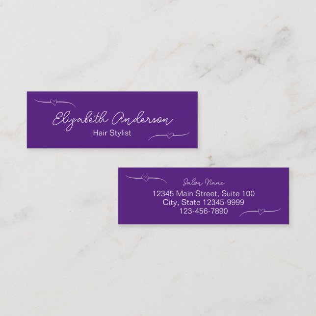 Carte D'appel Styliste des cheveux Purple White Coeur manuscrit  (Devant / Derrière)