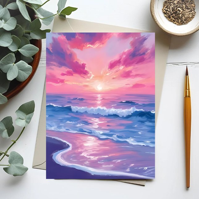 Carte d'aquarelle Blush Ocean Sunset Waves (Créateur téléchargé)