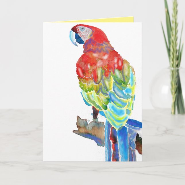 Carte d'aquarelle couleur bleu rouge pour perroque (Devant)