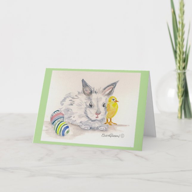 Carte d'aquarelle de Pâques de lapin et de poussin (Devant)