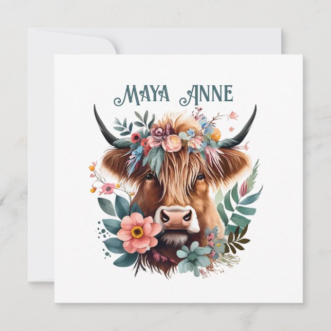 Carte d'aquarelle florale de la vache Highland (Devant)