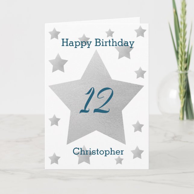 Carte d'aquarelle gris Étoiles 12e anniversaire (Devant)