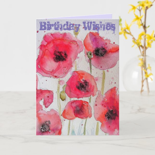 Carte d'aquarelle rouge Poppies (Fleur jaune)