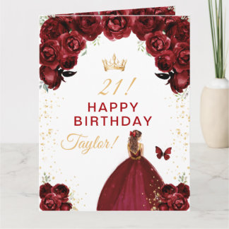 Carte Dark Red Floral Brown Hair Girl Happy Birthday