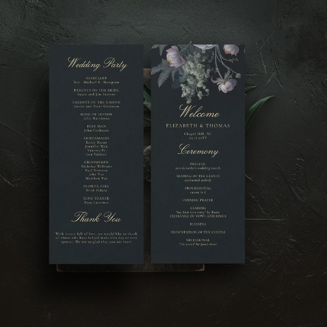 Carte Dark Romantic Moody Florals Peony Wedding Programm (dark moody wedding ceremony program purple dusty peony floral painting romantic gothic winter)