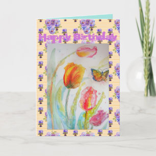 Carte d'art couleur rose rouge Tulipe et papillon