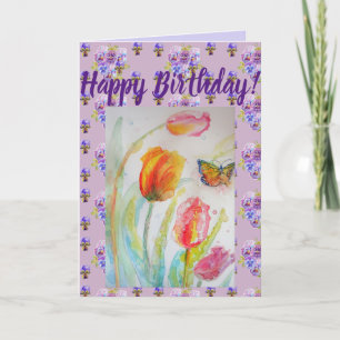 Carte d'art couleur Tulipe et Papillon Watercolor