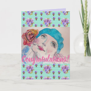 Carte d'art Femme Rose Floral Congatations