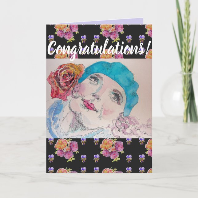 Carte d'art Femme Rose Floral Congatations (Devant)