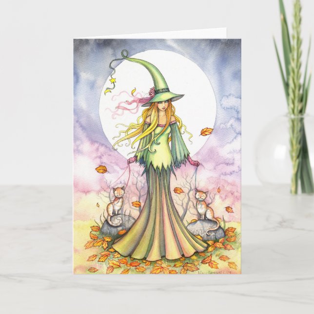 Carte d'art pour sorcière et chat Halloween (Devant)