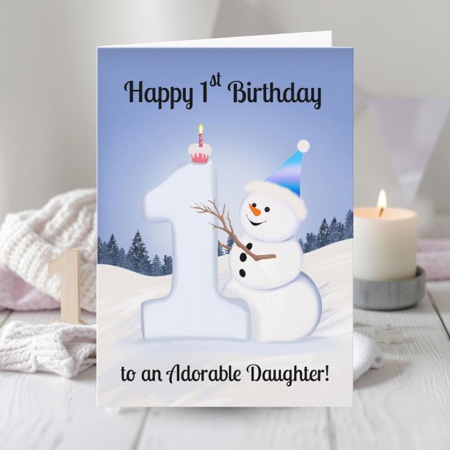 Carte Daughter Happy 1st Birthday Snowman Building (Créateur téléchargé)