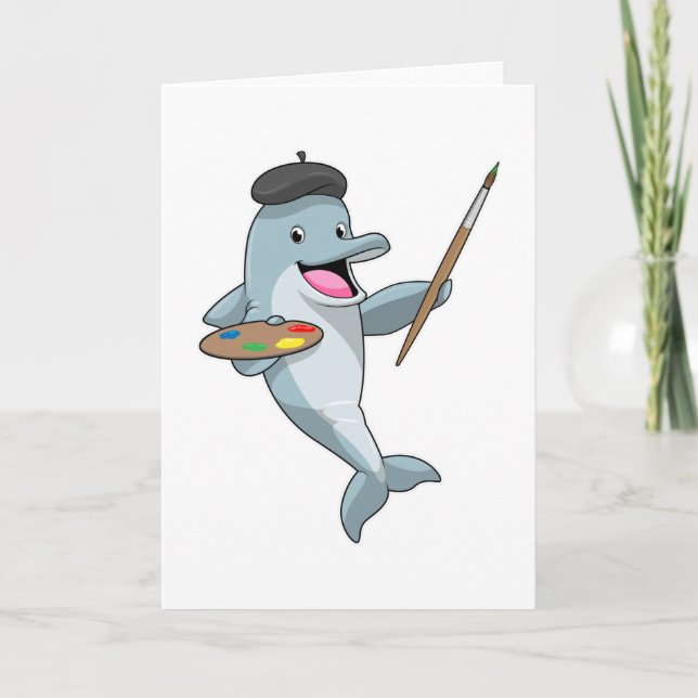 Carte Dauphin en peintre avec pinceau et couleur (Devant)