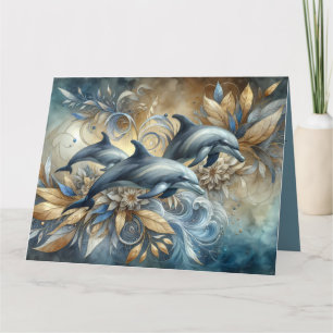 Carte Dauphins élégants aux vagues florales dorées