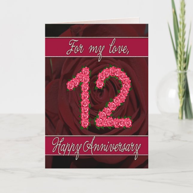 carte de 12e anniversaire avec roses et feuilles (Devant)