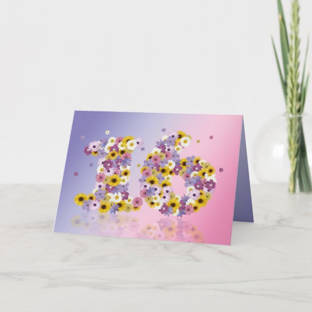 Carte de 16ème anniversaire avec lettres fleuries (Devant)