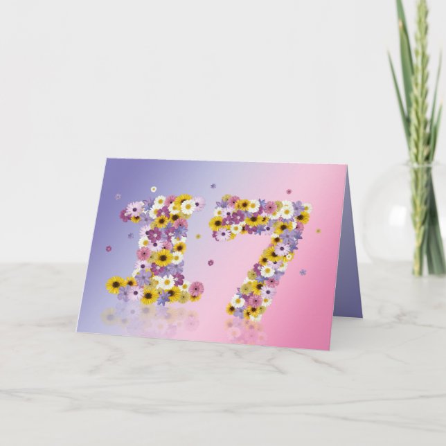 Carte de 17ème anniversaire avec lettres fleuries (Devant)