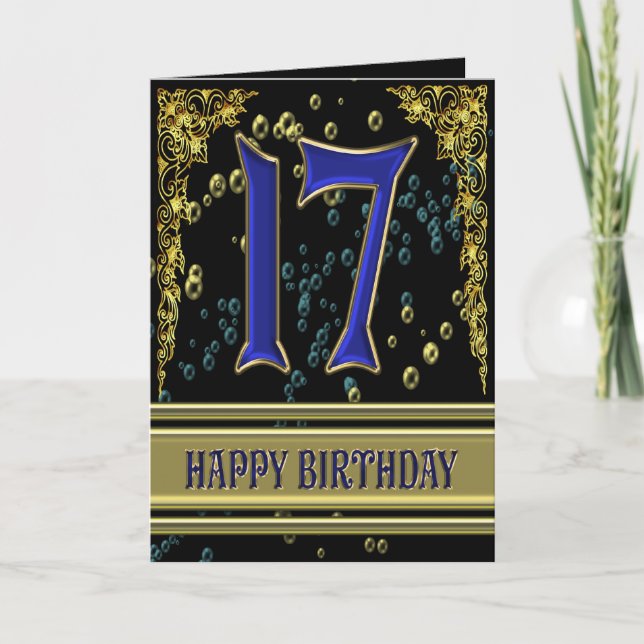 Carte de 17ème anniversaire avec or et bulles (Devant)