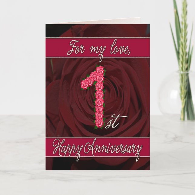 Carte de 1er anniversaire avec roses et feuilles (Devant)