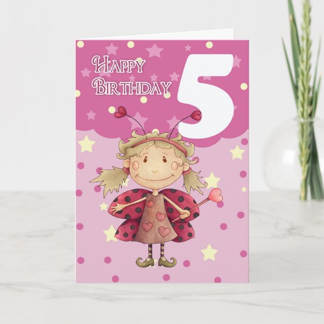 Carte de 5ème anniversaire avec jolie fée de cocci (Devant)