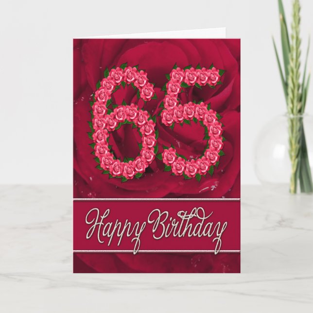 Carte de 65e anniversaire avec rose et feuille (Devant)