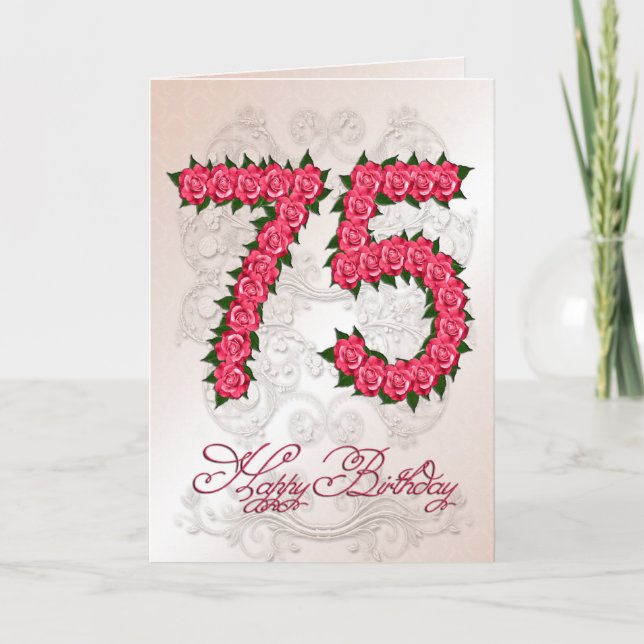 Carte de 75e anniversaire avec rose et feuille (Devant)