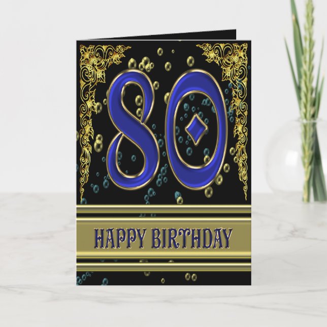 Carte de 80ème anniversaire avec or et bulles (Devant)
