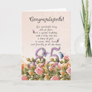 Carte de 85e anniversaire avec papillons et roses 