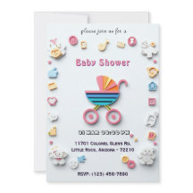 Carte de Baby Shower avec Landaue et Icônes Mignon
