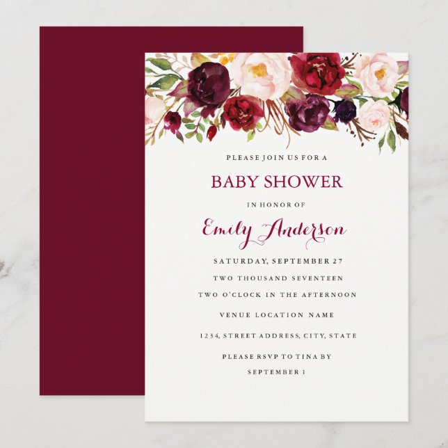 Carte de Baby shower d'automne rouge de Bourgogne (Devant / Derrière)