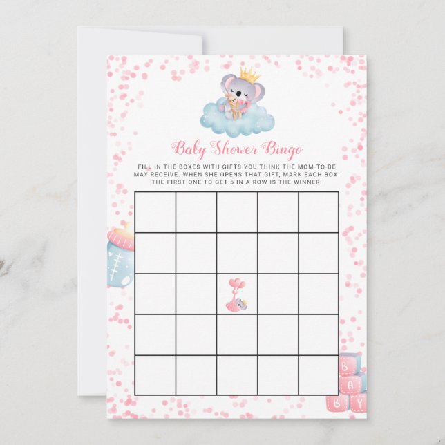 Carte de Baby shower de bingo pour fille Koala (Devant)