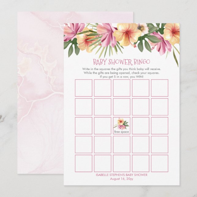 Carte de Baby shower de fleurs florales rose tropi (Devant / Derrière)