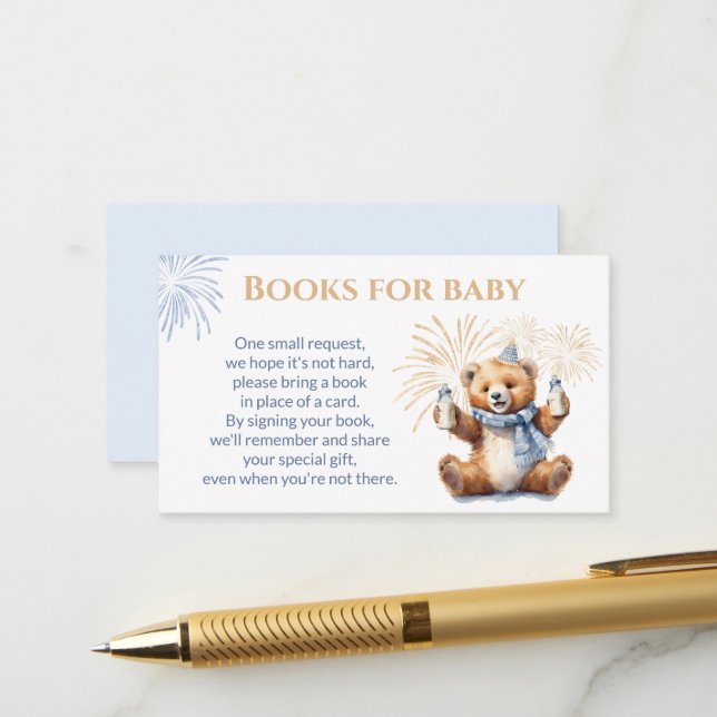 Carte de Baby shower du nouvel an Blue Bear Boy (Devant/Arrière en situation)
