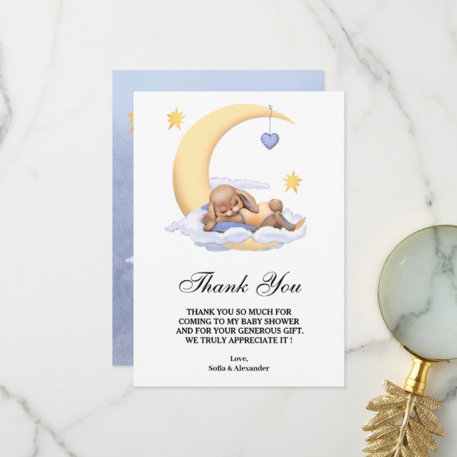 Carte de Baby shower en Merci plat avec lapin. (Devant/Arrière en situation)