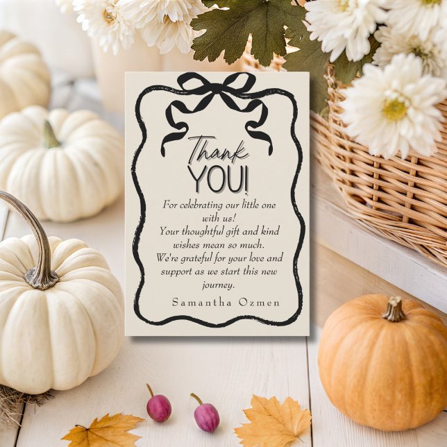 Carte de Baby shower noir Merci noir Coquette fonc (Dark Coquette black bow Thank You Baby Shower)